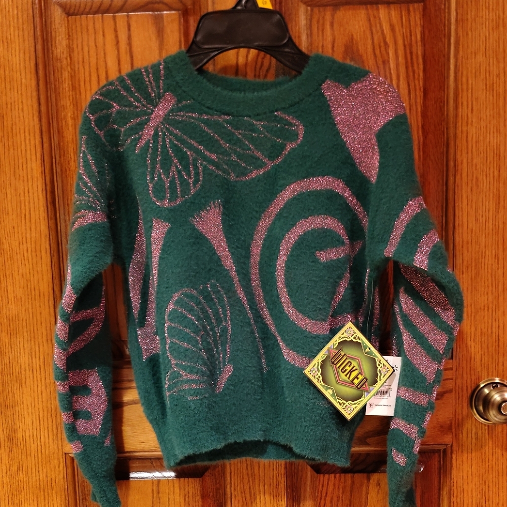 Official WICKED Girl's Green & Sparkly Copper Sweater NWT Large